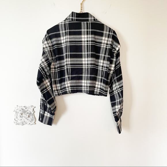 NWT Zara Black and White Plaid Balloon Sleeve Pleated Cropped Shirt M - Picture 8 of 8